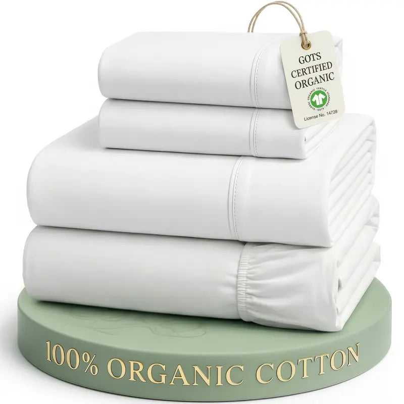 ☁️ 100% Organic Cotton Percale Cooling Sheet Set, 15" Deep Pocket, Breathable Hotel‑Quality Bedding
