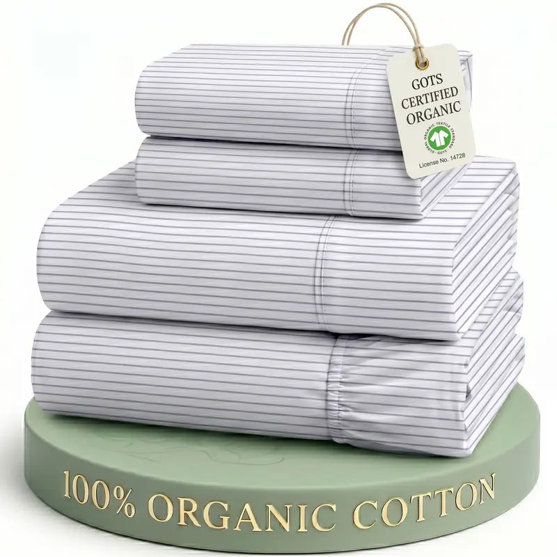 ☁️ 100% Organic Cotton Percale Cooling Sheet Set, 15" Deep Pocket, Breathable Hotel‑Quality Bedding