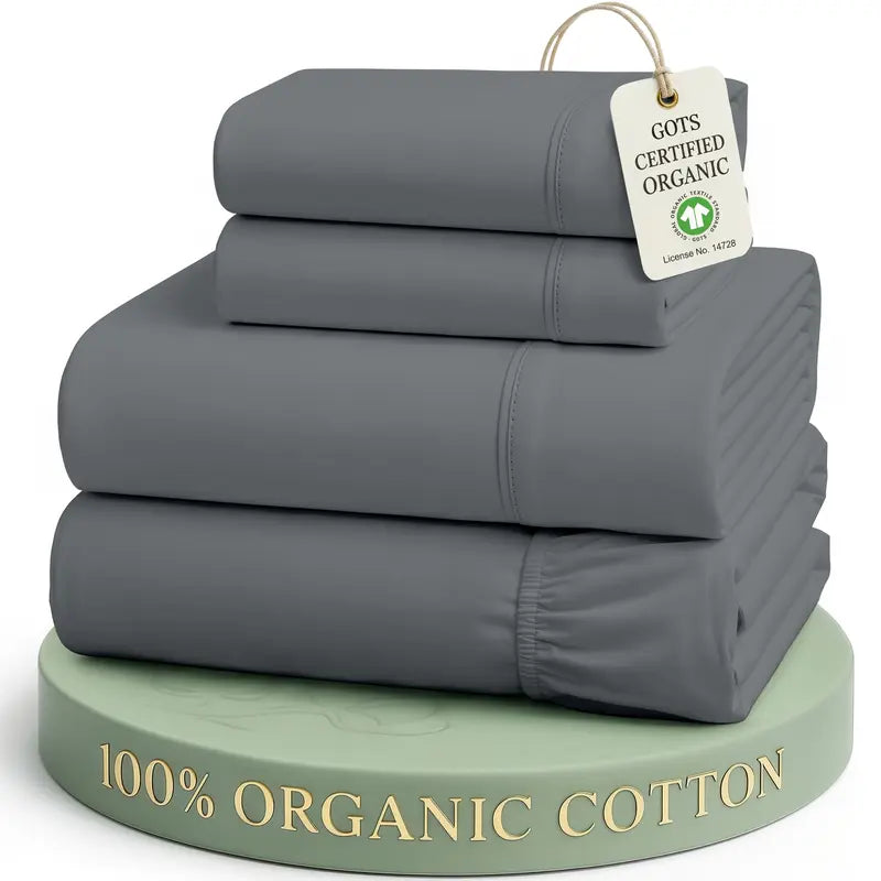 ☁️ 100% Organic Cotton Percale Cooling Sheet Set, 15" Deep Pocket, Breathable Hotel‑Quality Bedding