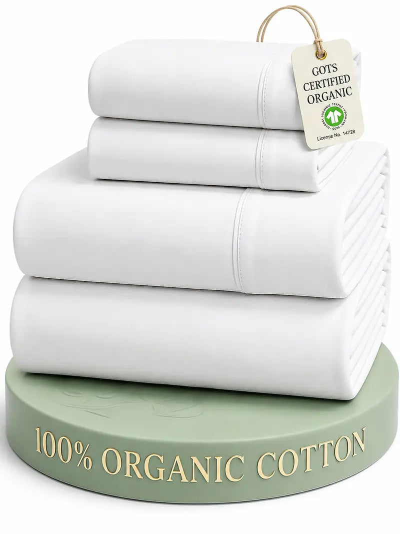 ☁️ 100% Organic Cotton Percale Cooling Sheet Set, 15" Deep Pocket, Breathable Hotel‑Quality Bedding