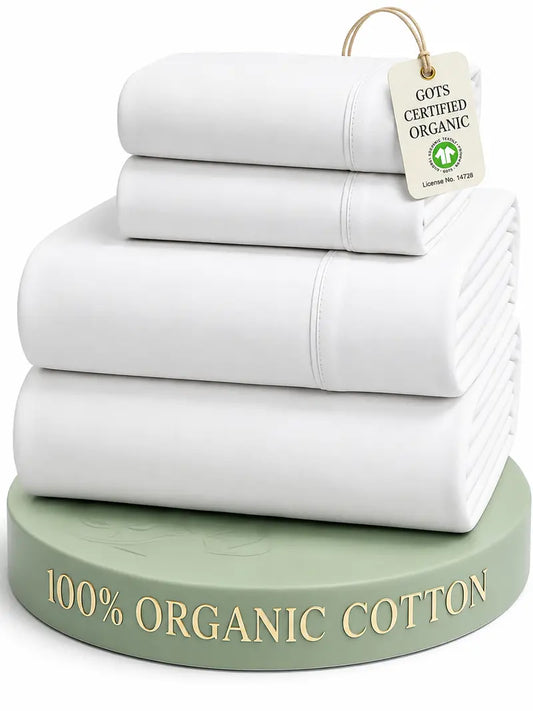 ☁️ 100% Organic Cotton Percale Cooling Sheet Set, 15" Deep Pocket, Breathable Hotel‑Quality Bedding