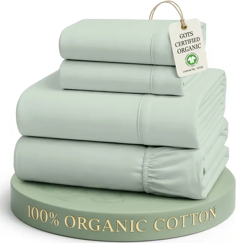 ☁️ 100% Organic Cotton Percale Cooling Sheet Set, 15" Deep Pocket, Breathable Hotel‑Quality Bedding