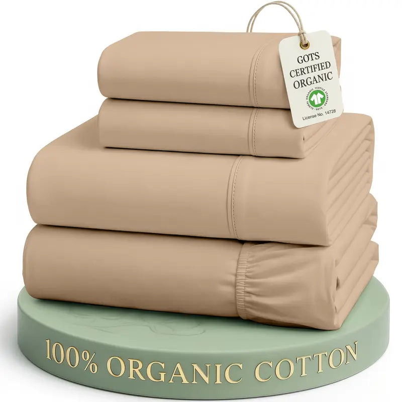 ☁️ 100% Organic Cotton Percale Cooling Sheet Set, 15" Deep Pocket, Breathable Hotel‑Quality Bedding