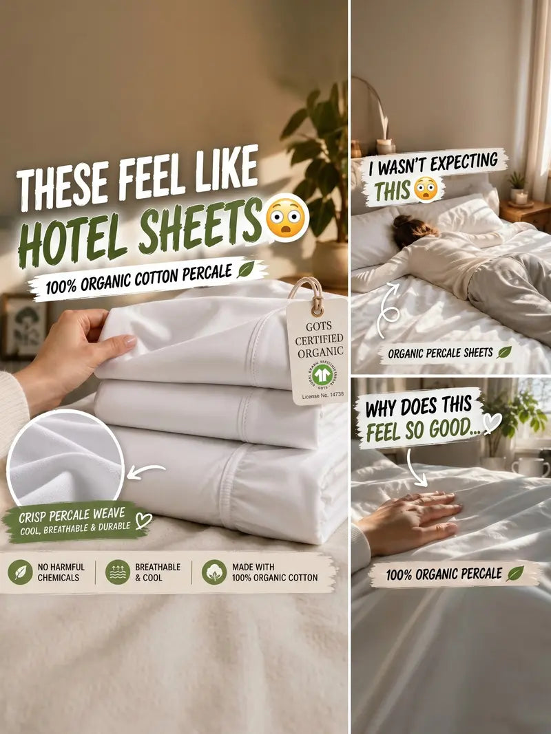 ☁️ 100% Organic Cotton Percale Cooling Sheet Set, 15" Deep Pocket, Breathable Hotel‑Quality Bedding