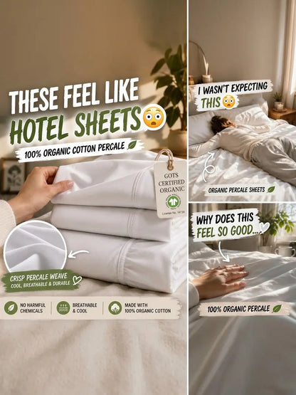 ☁️ 100% Organic Cotton Percale Cooling Sheet Set, 15" Deep Pocket, Breathable Hotel‑Quality Bedding